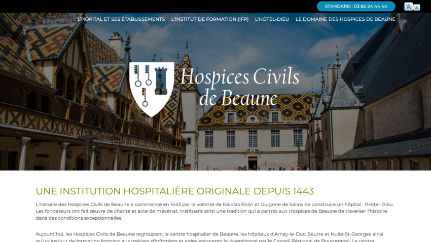Hospices Civils de Beaune website with historic building image and introduction about its hospital institution since 1443