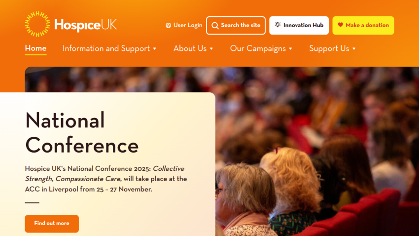 Hospice UK's homepage featuring National Conference details and navigation menu