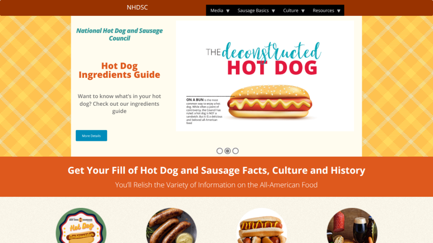 National Hot Dog and Sausage Council homepage with Hot Dog Ingredients Guide and deconstructed hot dog image
