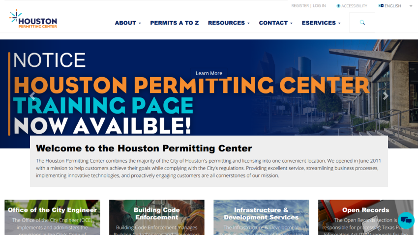 Houston Permitting Center homepage with training page notice, welcome message, and service sections
