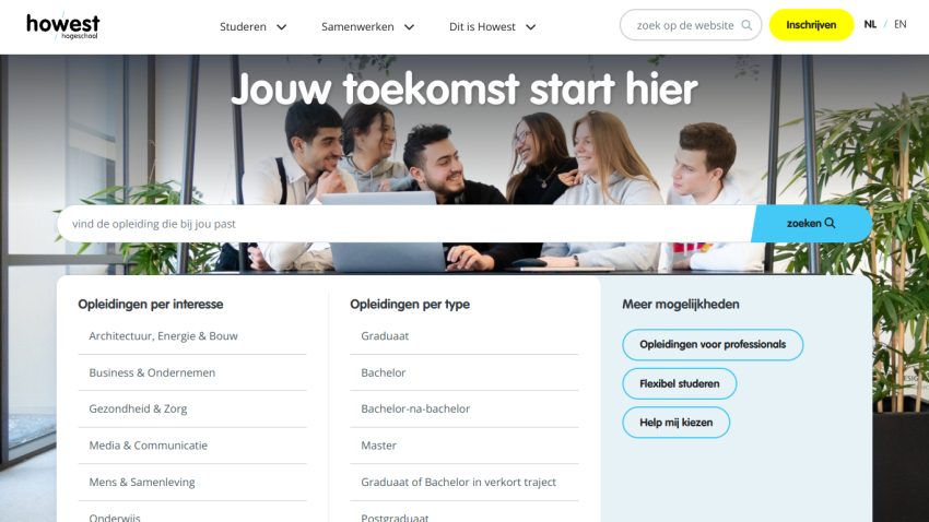 Homepage of Howest with a call to action for future opportunities and program options listed.