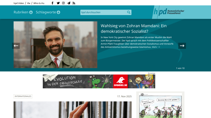 Humanistischer Pressedienst website with navigation, search bar, and hero article on church sexual violence study