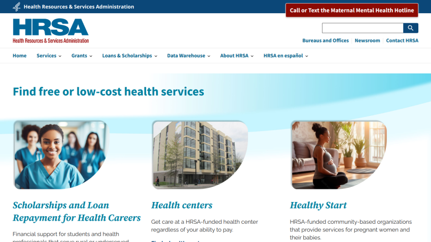 HRSA homepage featuring health services, scholarships, and health centers.
