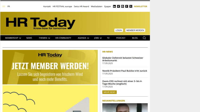 HR Today website with membership call to action, news headlines, and navigation menu in German