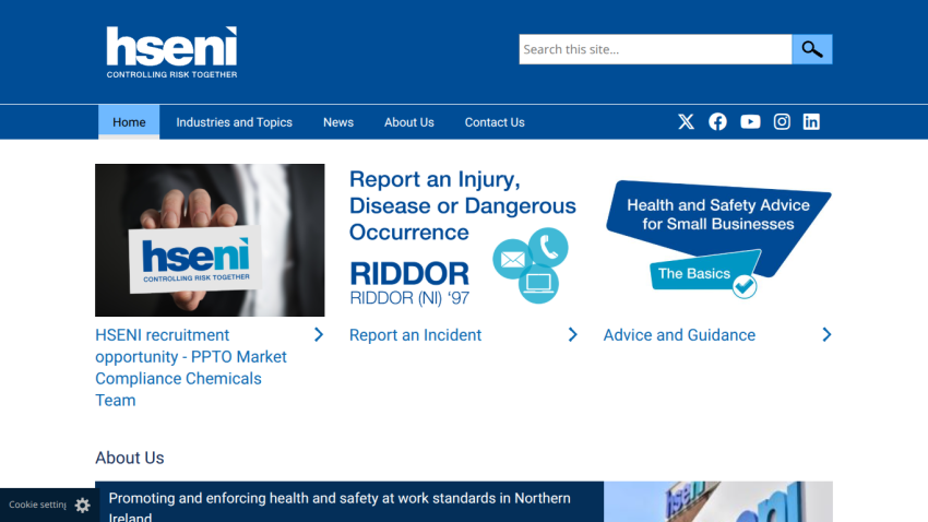 HSENI homepage with navigation, search bar, injury reporting info, and health and safety advice for small businesses
