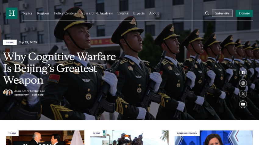 Article headline about cognitive warfare with an image of soldiers in uniform.