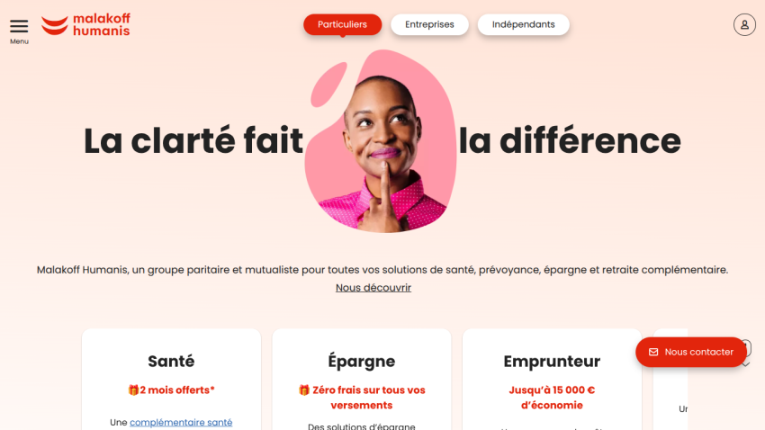 Malakoff Humanis homepage with navigation for individuals, businesses, independents; slogan about clarity; health, savings, and borrower offers