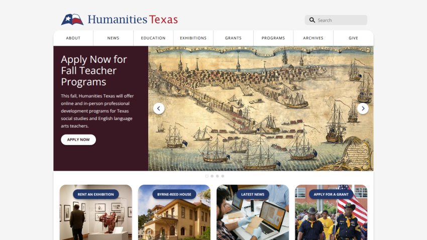 Humanities Texas homepage with navigation, call to apply for fall teacher programs, and exhibition images
