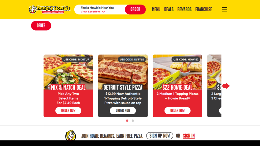 Homepage featuring pizza deals and navigation options.