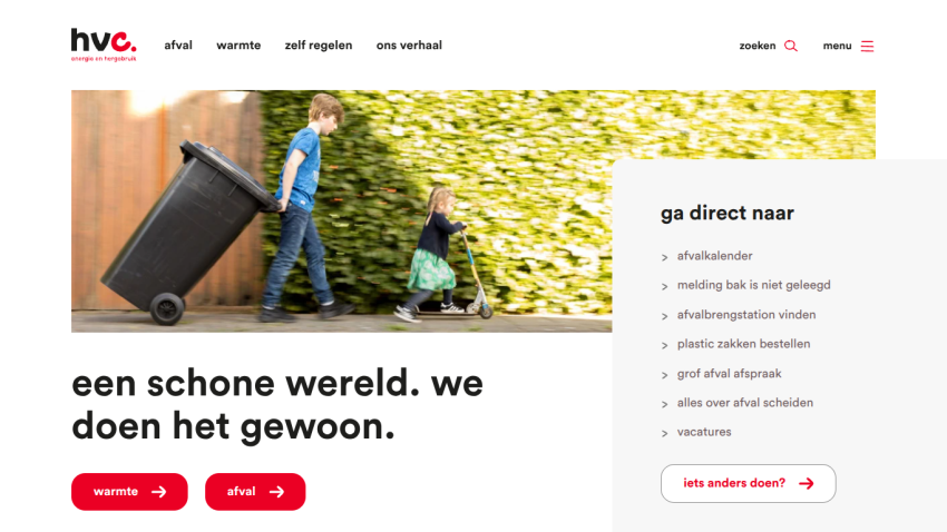 Homepage with navigation links and a hero image of children with a trash bin and scooter, promoting a clean world.