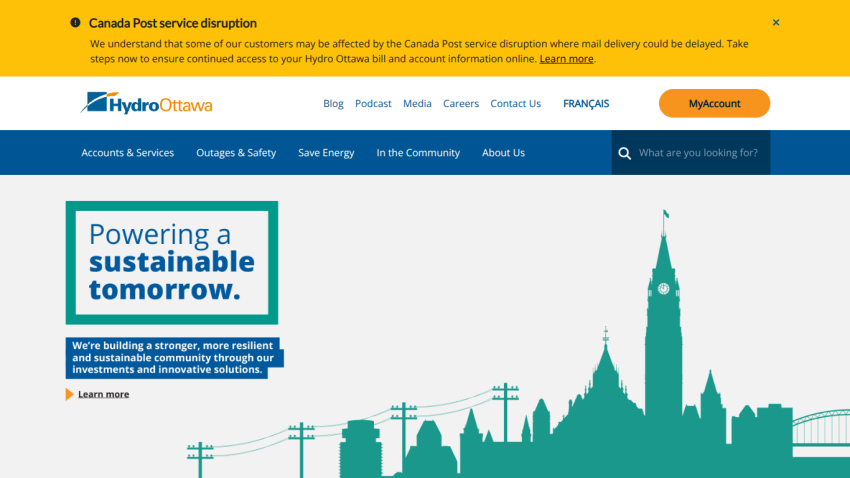Hydro Ottawa homepage with navigation, service disruption notice, and sustainable community message with city skyline graphic