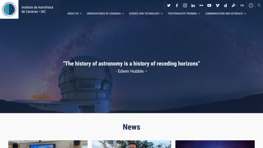 Homepage of the Institute of Astrophysics with a quote by Edwin Hubble and news section.