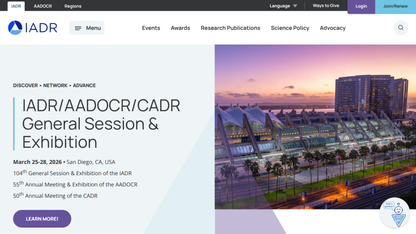 IADR/AADOCR/CADR General Session & Exhibition event details with date and location, and a San Diego cityscape at sunset