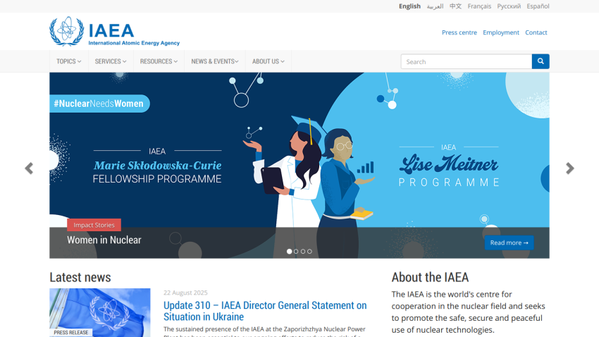 IAEA website featuring Women in Nuclear programs and latest news updates.