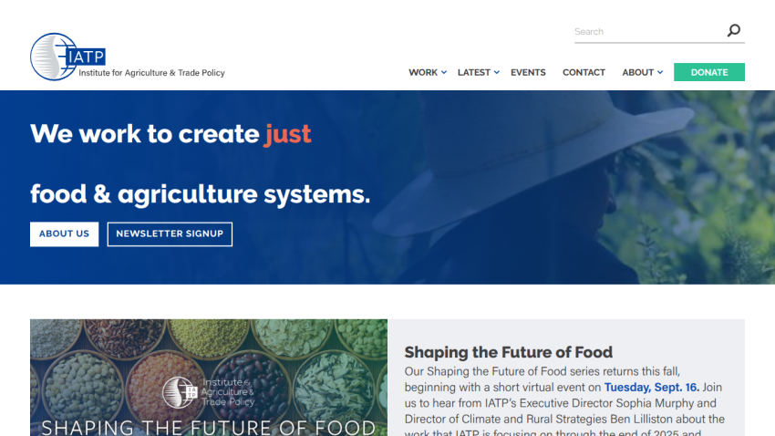 Homepage of the Institute for Agriculture & Trade Policy featuring a mission statement and event announcement.