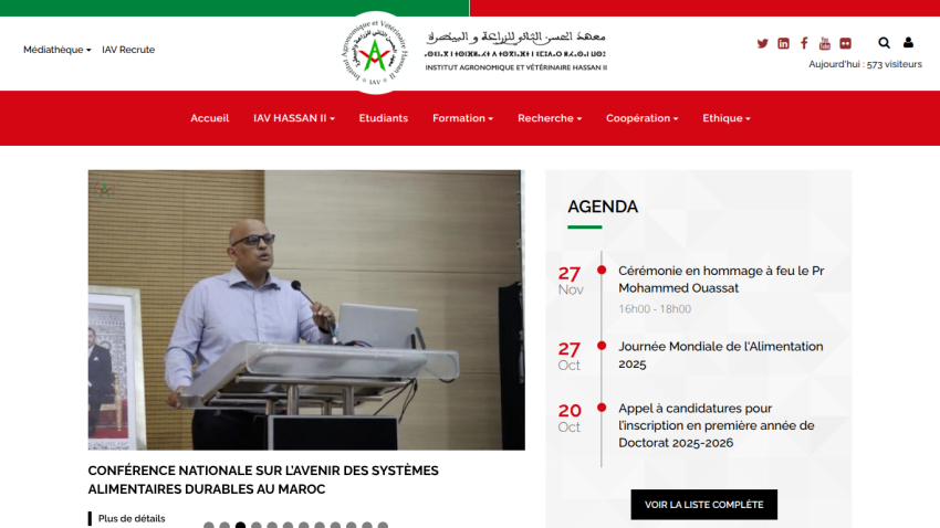 Institut Agronomique et Vétérinaire Hassan II homepage with conference announcement and upcoming agenda events