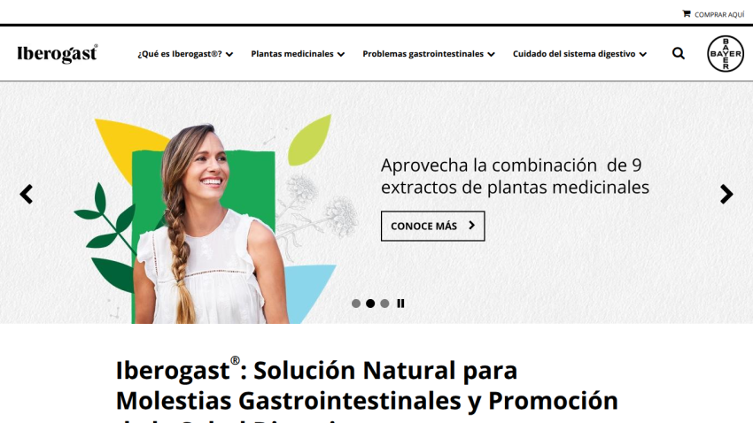 Iberogast website promoting natural solution for gastrointestinal issues with navigation and Bayer logo