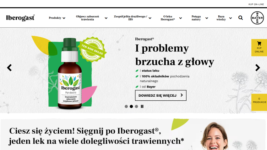 Iberogast product page with navigation menu and hero section promoting natural digestive remedy by Bayer