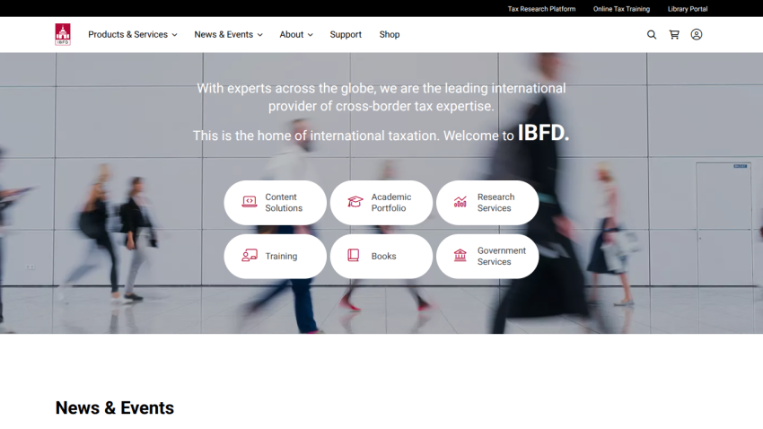 Homepage of IBFD showcasing international tax expertise with navigation and service categories