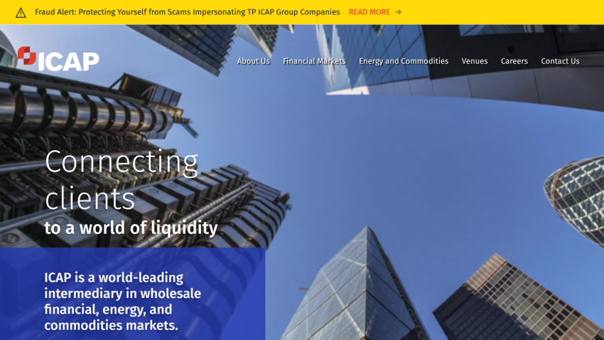 ICAP homepage with navigation links and headline connecting clients to a world of liquidity over a cityscape background.