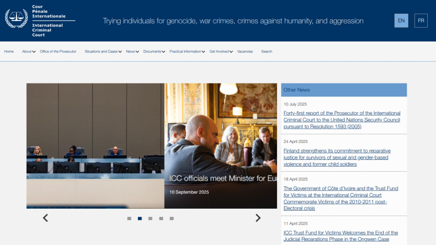 Homepage of the International Criminal Court featuring news updates and images.