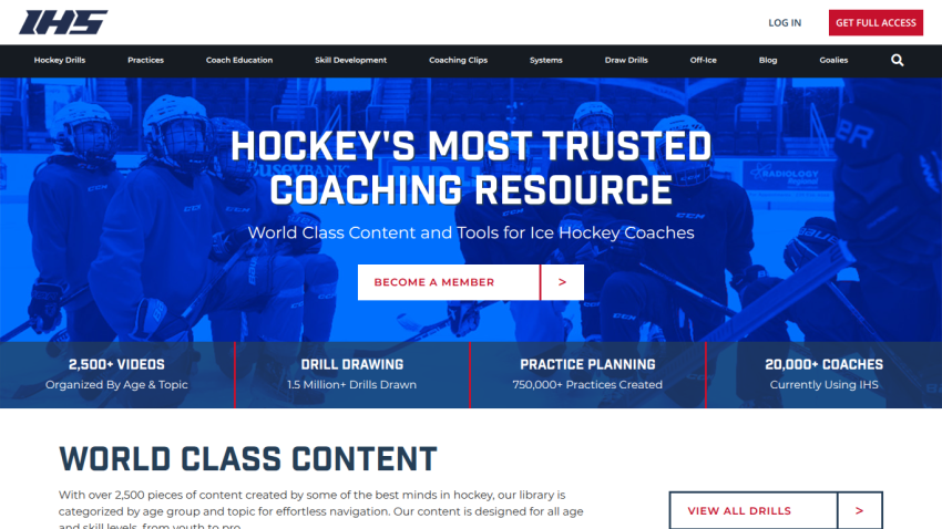 IHS Hockey coaching resource homepage with navigation, headline, and call to action button