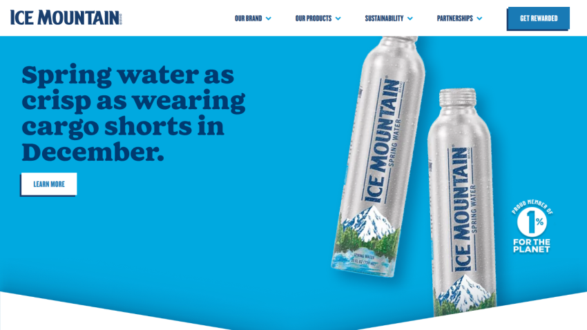 Ice Mountain spring water homepage with tagline and product bottles, navigation menu, and call to action button