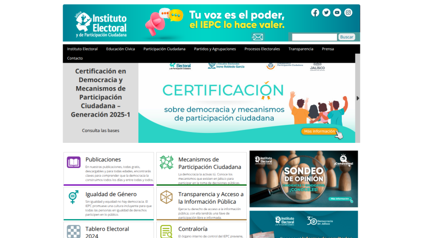 Instituto Electoral website featuring certification on democracy and citizen participation with navigation menu and informational sections
