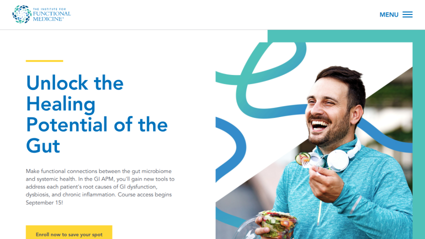 Promotional section for a gut health course with a smiling man and course details.