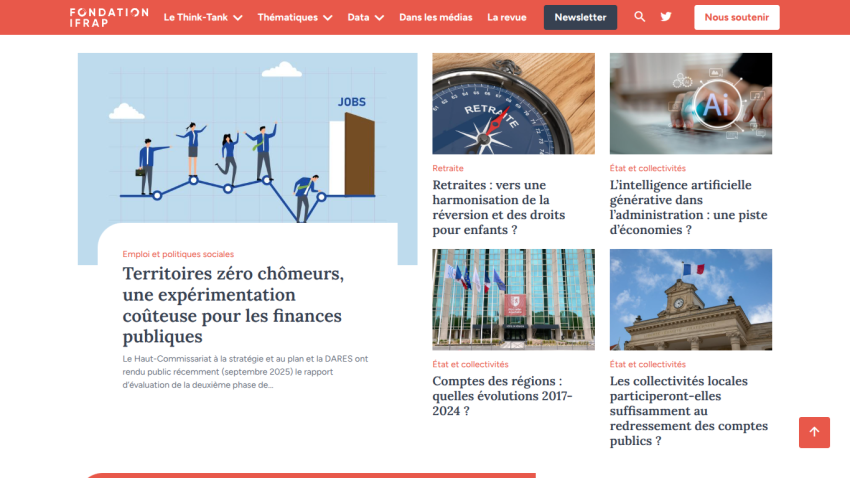 Fondation IFRAP homepage with articles on zero unemployment territories, retirement rights, AI in administration, and regional accounts
