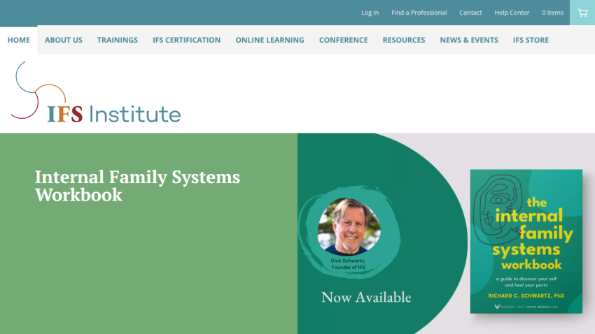 Internal Family Systems Workbook promotion with book cover and CD, navigation menu at top