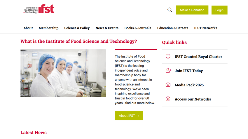 Institute of Food Science and Technology homepage with navigation, introduction to IFST, and quick links.