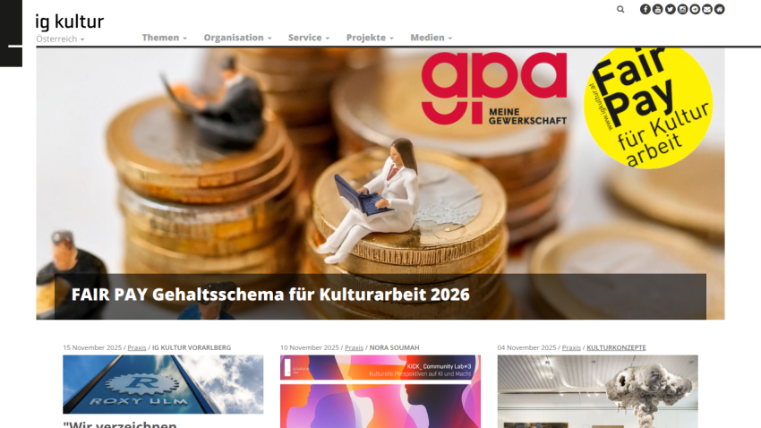 ig kultur Austria website with headline about FAIR PAY salary scheme for cultural work 2026 and recent articles