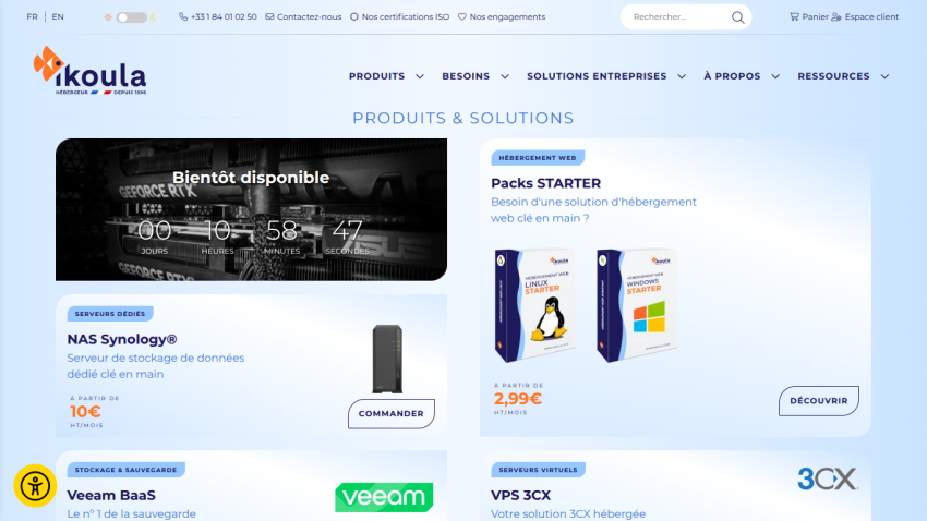 Products and solutions section showcasing various tech products with pricing.