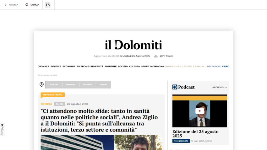 Homepage of il Dolomiti featuring a headline and article preview.