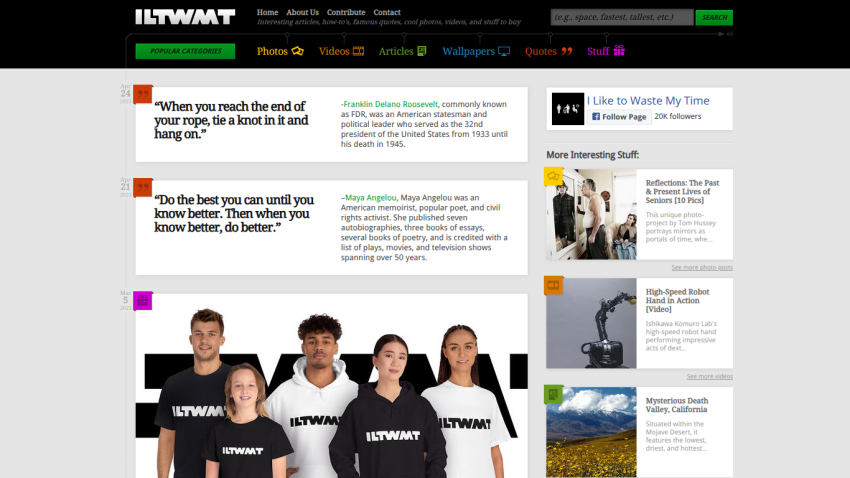 Website homepage featuring quotes, navigation menu, and a hero image of five people wearing ILTWMT shirts.