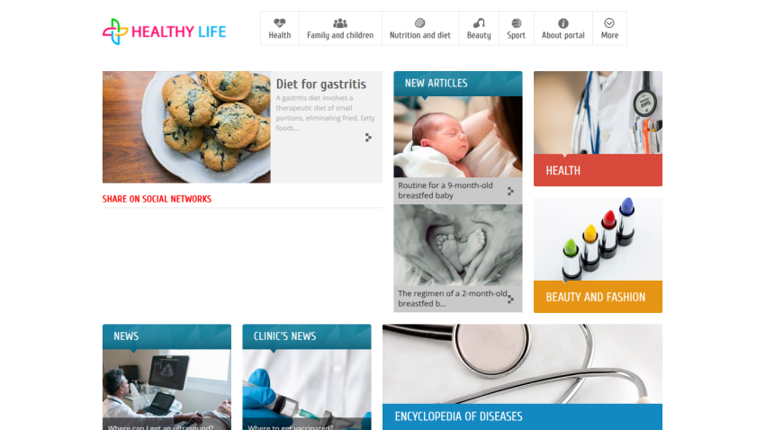 Healthy Life website homepage with articles on cancer benefits, health, sports, and beauty and fashion topics