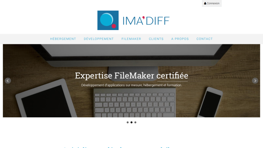 IMA'DIFF website with navigation menu and hero section highlighting certified FileMaker expertise and custom application development