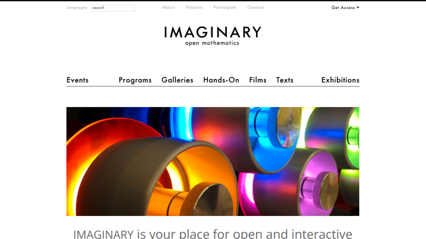 IMAGINARY open mathematics website with navigation links and colorful illuminated circular objects in hero section