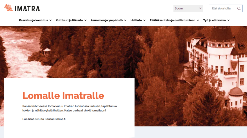 Imatra city website with navigation menu and hero section promoting holidays in Imatra's nature and events