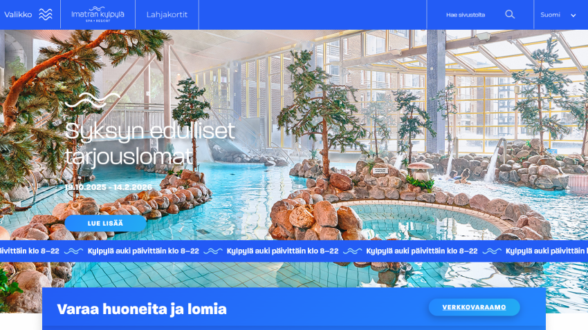 Spa resort website with autumn offer dates and booking button over indoor pool image