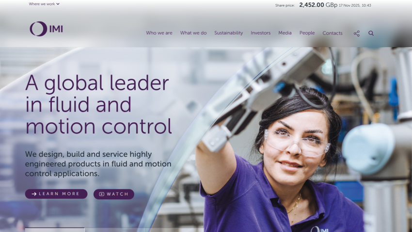IMI homepage showing a woman in safety glasses working with machinery and text about fluid and motion control leadership