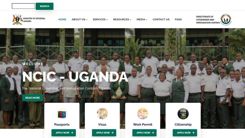 Ministry of Internal Affairs website with navigation and application options for Passports, Visas, Work Permit, and Citizenship
