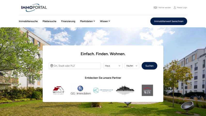 Real estate portal homepage with search form for location, property type, and purchase options, plus partner logos.