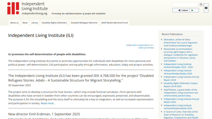 Independent Living Institute homepage promoting self-determination of people with disabilities, featuring news and recent publications.