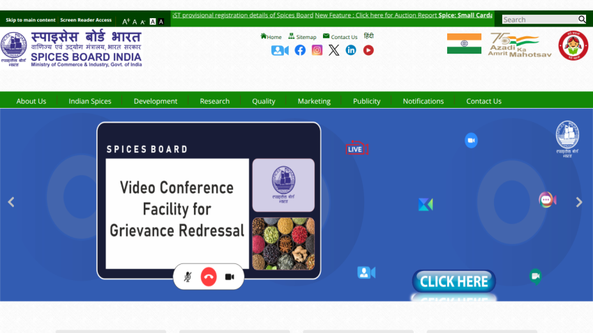 Spices Board India website with navigation menu and hero section promoting video conference facility for grievance redressal