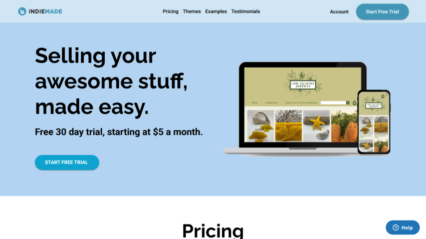 Homepage hero section with headline about selling stuff, free 30-day trial offer, and start free trial button