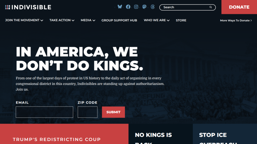 Indivisible website with a call to action against authoritarianism and a sign-up form.