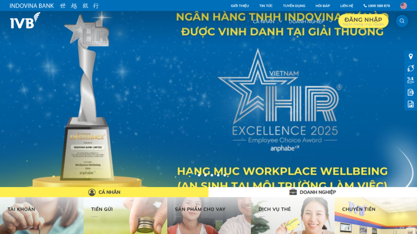 Indovina Bank homepage featuring Vietnam HR Excellence 2025 award and navigation for personal and business banking services.