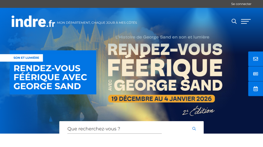 Website promoting a magical event with George Sand from December 19 to January 4, 2026, with search bar and navigation